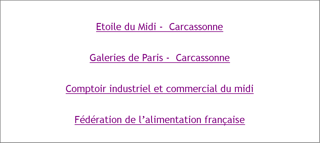 Zone de Texte: Etoile du Midi -  CarcassonneGaleries de Paris -  CarcassonneComptoir industriel et commercial du midiFédération de l’alimentation française