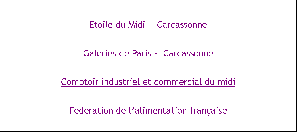Zone de Texte: Etoile du Midi -  CarcassonneGaleries de Paris -  CarcassonneComptoir industriel et commercial du midiFdration de lalimentation franaise