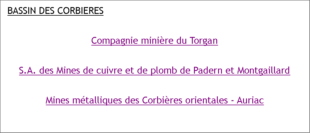 Zone de Texte: BASSIN DES CORBIERESCompagnie minire du TorganS.A. des Mines de cuivre et de plomb de Padern et MontgaillardMines mtalliques des Corbires orientales - Auriac