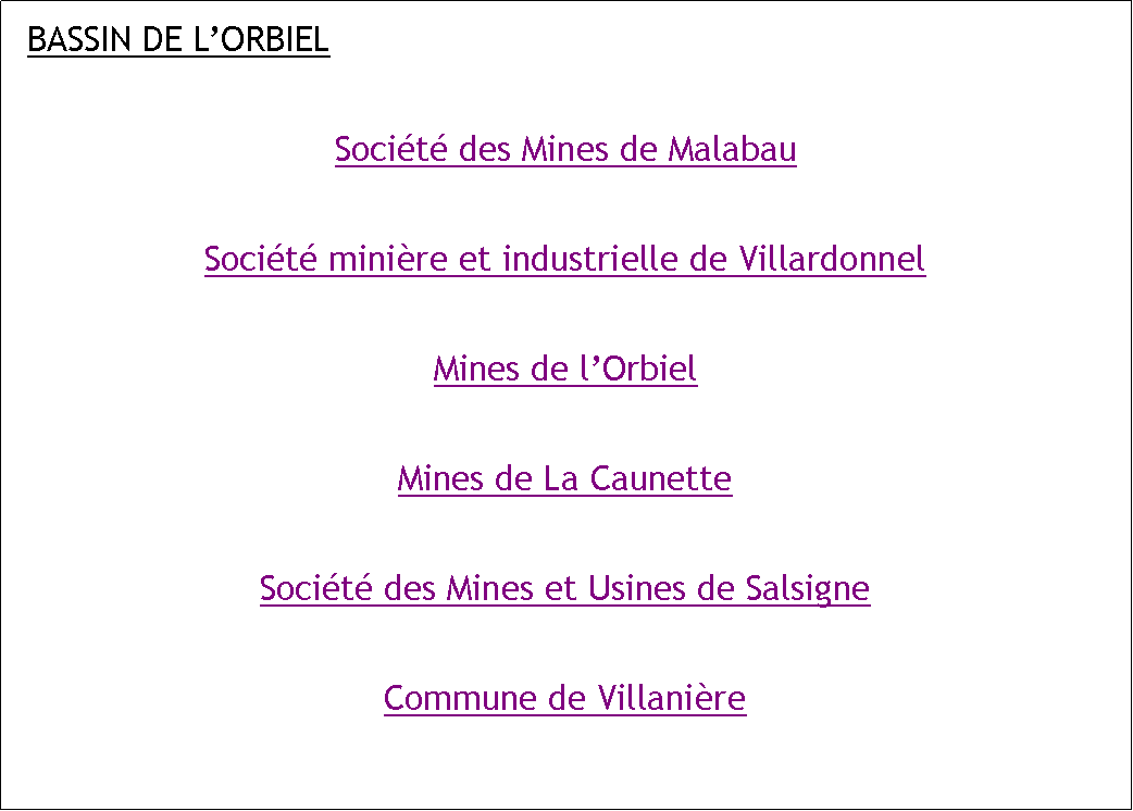 Zone de Texte: BASSIN DE LORBIELSocit des Mines de MalabauSocit minire et industrielle de VillardonnelMines de lOrbielMines de La CaunetteSocit des Mines et Usines de SalsigneCommune de Villanire