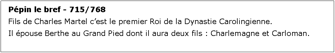 Zone de Texte: Ppin le bref - 715/768Fils de Charles Martel cest le premier Roi de la Dynastie Carolingienne.Il pouse Berthe au Grand Pied dont il aura deux fils : Charlemagne et Carloman.