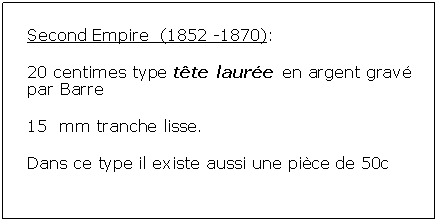 Zone de Texte: Second Empire  (1852 -1870):20 centimes type tte laure en argent grav par Barre15  mm tranche lisse.Dans ce type il existe aussi une pice de 50c