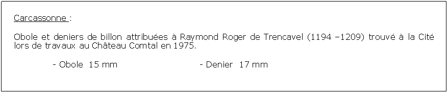 Zone de Texte: Carcassonne :Obole et deniers de billon attribues  Raymond Roger de Trencavel (1194 1209) trouv  la Cit lors de travaux au Chteau Comtal en 1975. 		- Obole  15 mm				- Denier  17 mm