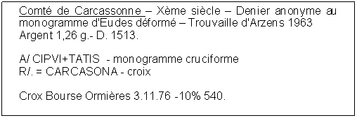 Zone de Texte: Comt de Carcassonne  Xme sicle  Denier anonyme au monogramme d'Eudes dform  Trouvaille d'Arzens 1963 Argent 1,26 g.- D. 1513.A/ CIPVI+TATIS  - monogramme cruciforme R/. = CARCASONA - croixCrox Bourse Ormires 3.11.76 -10% 540.