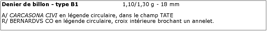 Zone de Texte: Denier de billon - type B1				1,10/1,30 g - 18 mmA/ CARCASONA CIVI en lgende circulaire, dans le champ TATER/ BERNARDVS CO en lgende circulaire, croix intrieure brochant un annelet.