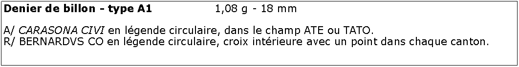 Zone de Texte: Denier de billon - type A1 			1,08 g - 18 mmA/ CARASONA CIVI en lgende circulaire, dans le champ ATE ou TATO.R/ BERNARDVS CO en lgende circulaire, croix intrieure avec un point dans chaque canton.