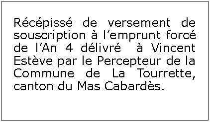 Zone de Texte: Rcpiss de versement de souscription  lemprunt forc de lAn 4 dlivr   Vincent Estve par le Percepteur de la Commune de La Tourrette, canton du Mas Cabards.