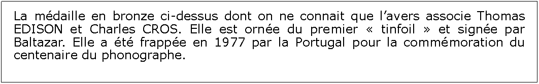 Zone de Texte: La mdaille en bronze ci-dessus dont on ne connait que lavers associe Thomas EDISON et Charles CROS. Elle est orne du premier  tinfoil  et signe par Baltazar. Elle a t frappe en 1977 par la Portugal pour la commmoration du centenaire du phonographe.