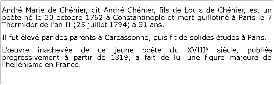 Zone de Texte: Andr Marie de Chnier, dit Andr Chnier, fils de Louis de Chnier, est un pote n le 30 octobre 1762  Constantinople et mort guillotin  Paris le 7 Thermidor de l'an II (25 juillet 1794)  31 ans. Il fut lev par des parents  Carcassonne, puis fit de solides tudes  Paris.L'uvre inacheve de ce jeune pote du XVIIIe sicle, publie progressivement  partir de 1819, a fait de lui une figure majeure de l'hellnisme en France.