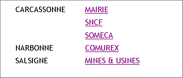Zone de Texte: 	CARCASSONNE		MAIRIE						SNCF						SOMECA	NARBONNE			COMUREX	SALSIGNE			MINES & USINES
