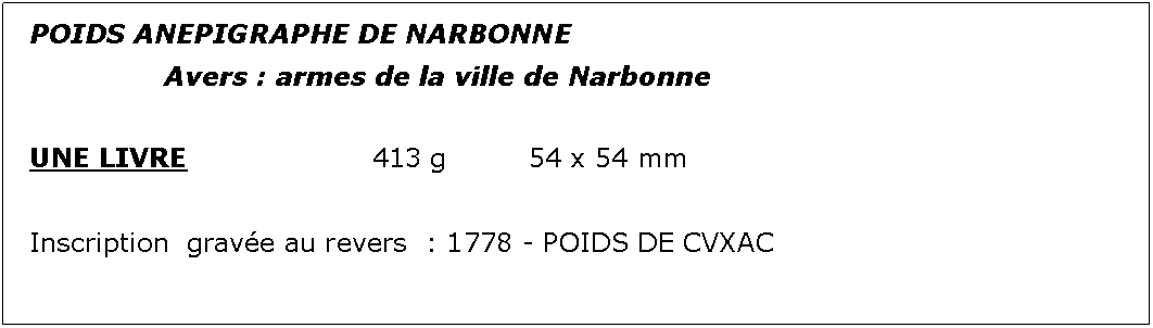 Zone de Texte: POIDS ANEPIGRAPHE DE NARBONNE			Avers : armes de la ville de Narbonne	UNE LIVRE				413 g		54 x 54 mmInscription  grave au revers  : 1778 - POIDS DE CVXAC			