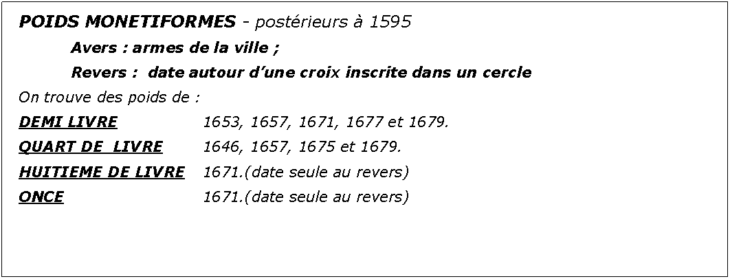 Zone de Texte: POIDS MONETIFORMES - postrieurs  1595		Avers : armes de la ville ;							Revers :  date autour dune croix inscrite dans un cercleOn trouve des poids de :DEMI LIVRE			1653, 1657, 1671, 1677 et 1679.QUART DE  LIVRE		1646, 1657, 1675 et 1679.HUITIEME DE LIVRE	1671.(date seule au revers)ONCE					1671.(date seule au revers)