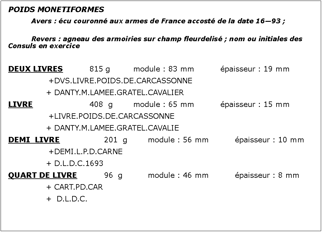 Zone de Texte: POIDS MONETIFORMES 		Avers : cu couronn aux armes de France accost de la date 1693 ;							Revers : agneau des armoiries sur champ fleurdelis ; nom ou initiales des Consuls en exerciceDEUX LIVRES		815 g		module : 83 mm		paisseur : 19 mm			 +DVS.LIVRE.POIDS.DE.CARCASSONNE			+ DANTY.M.LAMEE.GRATEL.CAVALIERLIVRE				408  g		module : 65 mm		paisseur : 15 mm			 +LIVRE.POIDS.DE.CARCASSONNE			+ DANTY.M.LAMEE.GRATEL.CAVALIEDEMI  LIVRE				201  g		module : 56 mm		paisseur : 10 mm			 +DEMI.L.P.D.CARNE			+ D.L.D.C.1693QUART DE LIVRE		96  g		module : 46 mm		paisseur : 8 mm			+ CART.PD.CAR			+  D.L.D.C.