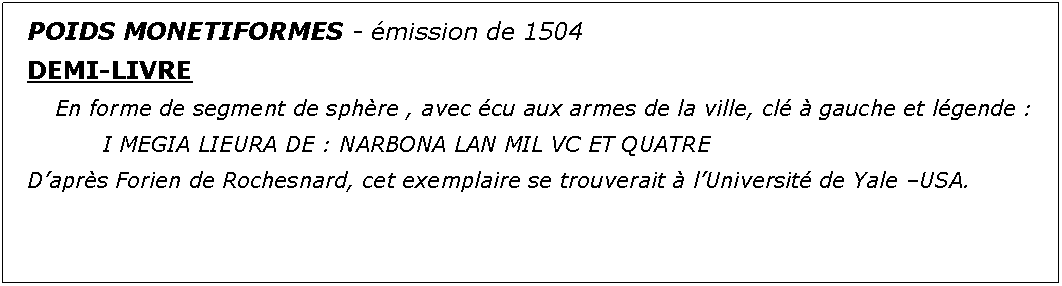 Zone de Texte: POIDS MONETIFORMES - mission de 1504	DEMI-LIVRE	 	En forme de segment de sphre , avec cu aux armes de la ville, cl  gauche et lgende :		I MEGIA LIEURA DE : NARBONA LAN MIL VC ET QUATREDaprs Forien de Rochesnard, cet exemplaire se trouverait  lUniversit de Yale USA.