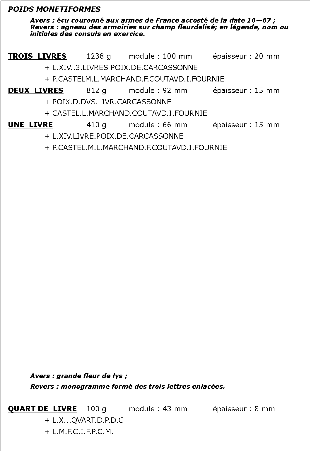 Zone de Texte: POIDS MONETIFORMES		Avers : cu couronn aux armes de France accost de la date 1667 ;				Revers : agneau des armoiries sur champ fleurdelis; en lgende, nom ou 			initiales des consuls en exercice.TROIS  LIVRES		1238 g		module : 100 mm		paisseur : 20 mm			+ L.XIV..3.LIVRES POIX.DE.CARCASSONNE			+ P.CASTELM.L.MARCHAND.F.COUTAVD.I.FOURNIEDEUX  LIVRES		812 g		module : 92 mm		paisseur : 15 mm			+ POIX.D.DVS.LIVR.CARCASSONNE			+ CASTEL.L.MARCHAND.COUTAVD.I.FOURNIEUNE  LIVRE			410 g		module : 66 mm		paisseur : 15 mm			+ L.XIV.LIVRE.POIX.DE.CARCASSONNE			+ P.CASTEL.M.L.MARCHAND.F.COUTAVD.I.FOURNIE		Avers : grande fleur de lys ;							Revers : monogramme form des trois lettres enlaces.QUART DE  LIVRE	100 g		module : 43 mm		paisseur : 8 mm			+ L.X...QVART.D.P.D.C			+ L.M.F.C.I.F.P.C.M.