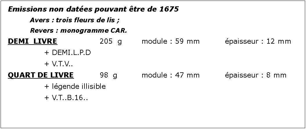 Zone de Texte: Emissions non dates pouvant tre de 1675		Avers : trois fleurs de lis ;							Revers : monogramme CAR.DEMI  LIVRE				205  g		module : 59 mm		paisseur : 12 mm			+ DEMI.L.P.D 			+ V.T.V..QUART DE LIVRE		98  g		module : 47 mm		paisseur : 8 mm			+ lgende illisible			+ V.T..B.16..