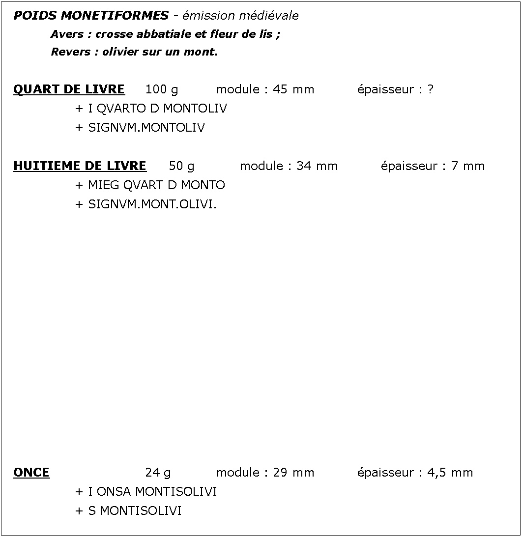 Zone de Texte: POIDS MONETIFORMES - mission mdivale		Avers : crosse abbatiale et fleur de lis ;							Revers : olivier sur un mont.QUART DE LIVRE	100 g		module : 45 mm		paisseur : ?			+ I QVARTO D MONTOLIV 			+ SIGNVM.MONTOLIVHUITIEME DE LIVRE	50 g		module : 34 mm		paisseur : 7 mm			+ MIEG QVART D MONTO 			+ SIGNVM.MONT.OLIVI.ONCE					24 g		module : 29 mm		paisseur : 4,5 mm			+ I ONSA MONTISOLIVI			+ S MONTISOLIVI