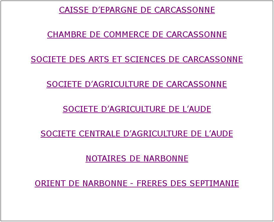 Zone de Texte: CAISSE DEPARGNE DE CARCASSONNECHAMBRE DE COMMERCE DE CARCASSONNESOCIETE DES ARTS ET SCIENCES DE CARCASSONNESOCIETE DAGRICULTURE DE CARCASSONNESOCIETE DAGRICULTURE DE LAUDESOCIETE CENTRALE DAGRICULTURE DE LAUDENOTAIRES DE NARBONNEORIENT DE NARBONNE - FRERES DES SEPTIMANIE