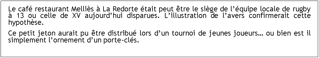 Zone de Texte: Le caf restaurant Mellis  La Redorte tait peut tre le sige de lquipe locale de rugby  13 ou celle de XV aujourdhui disparues. Lillustration de lavers confirmerait cette hypothse.Ce petit jeton aurait pu tre distribu lors dun tournoi de jeunes joueurs ou bien est il simplement lornement dun porte-cls.