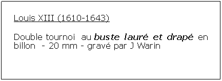 Zone de Texte: Louis XIII (1610-1643)Double tournoi  au buste laur et drap en billon  - 20 mm - grav par J Warin