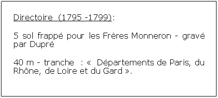 Zone de Texte: Directoire  (1795 -1799):5 sol frapp pour les Frres Monneron - grav par Dupr 40 m - tranche  :   Dpartements de Paris, du Rhne, de Loire et du Gard .			