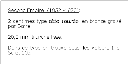 Zone de Texte: Second Empire  (1852 -1870):2 centimes type tte laure en bronze grav par Barre20,2 mm tranche lisse.Dans ce type on trouve aussi les valeurs 1 c, 5c et 10c.			