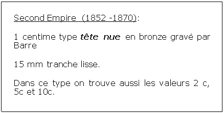 Zone de Texte: Second Empire  (1852 -1870):1 centime type tte nue en bronze grav par Barre15 mm tranche lisse.Dans ce type on trouve aussi les valeurs 2 c, 5c et 10c.			