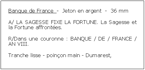 Zone de Texte: Banque de France  -  Jeton en argent  -  36 mmA/ LA SAGESSE FIXE LA FORTUNE. La Sagesse et la Fortune affrontes. R/Dans une couronne : BANQUE / DE / FRANCE / AN VIII. Tranche lisse - poinon main - Dumarest, 