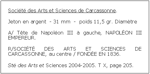 Zone de Texte: Socit des Arts et Sciences de Carcassonne. Jeton en argent  - 31 mm  -  poids 11,5 gr. Diamtre A/ Tte de Napolon III  gauche, NAPOLON III EMPEREUR. R/SOCIT DES ARTS ET SCIENCES DE CARCASSONNE, au centre / FONDE EN 1836. St des Arts et Sciences 2004-2005. T X, page 205. 