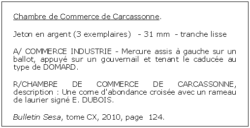 Zone de Texte: Chambre de Commerce de Carcassonne. Jeton en argent (3 exemplaires)   - 31 mm  - tranche lisseA/ COMMERCE INDUSTRIE - Mercure assis  gauche sur un ballot, appuy sur un gouvernail et tenant le caduce au type de DOMARD.  R/CHAMBRE DE COMMERCE DE CARCASSONNE, description : Une corne d'abondance croise avec un rameau de laurier sign E. DUBOIS. Bulletin Sesa, tome CX, 2010, page  124. 