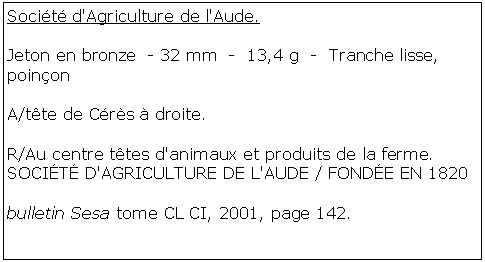 Zone de Texte: Socit d'Agriculture de l'Aude. Jeton en bronze  - 32 mm  -  13,4 g  -  Tranche lisse, poinon A/tte de Crs  droite. R/Au centre ttes d'animaux et produits de la ferme. SOCIT D'AGRICULTURE DE L'AUDE / FONDE EN 1820 bulletin Sesa tome CL CI, 2001, page 142.