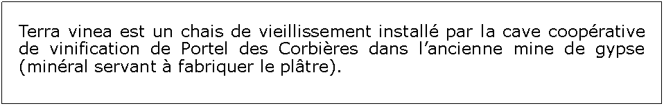 Zone de Texte: Terra vinea est un chais de vieillissement install par la cave cooprative de vinification de Portel des Corbires dans lancienne mine de gypse (minral servant  fabriquer le pltre).